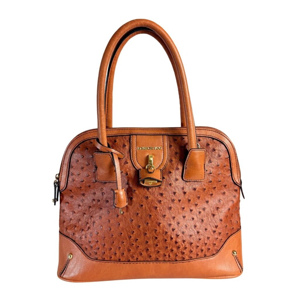 London Fog Leather Satchel Ostrich Lark Purse Cognac Brown Handbag Lock Key Char